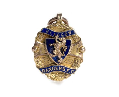 THOMAS MUIRHEAD OF RANGERS F.C., SCOTTISH LEAGUE CHAMPIONSHIP GOLD MEDAL 1926/27 the obverse with central blue enamel shield 