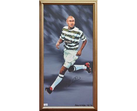 CELTIC F.C., PRINT OF HENRIK LARSSON AFTER ROBERT MILLER, CIRCA 2004 printed on canvas, framed and under glass110cm x 59cm ov