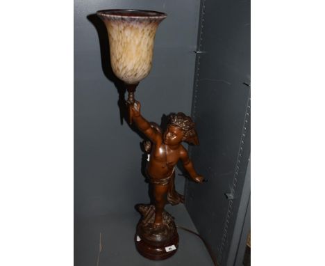 A late 19th Century French spelter table lamp, cold painted and in the form of a cherub, signed to the naturalistic base 'L.G