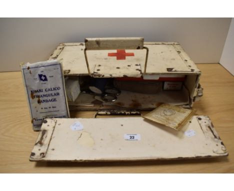 A mid-20th Century painted wood First Aid box with contents, 12cm x 22cm x 42cm overall