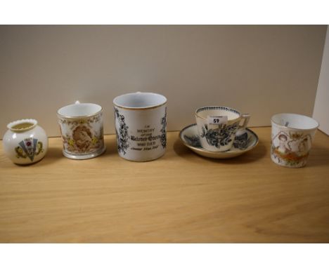 A late 19th Century transfer printed mug, marking the death of Queen Victoria, a teacup and saucer of similar age and design,