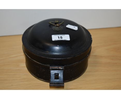 A Georgian toleware spice container, of rounded form, the compartmented interior including a nutmeg grinder, 11cm high, 14cm 