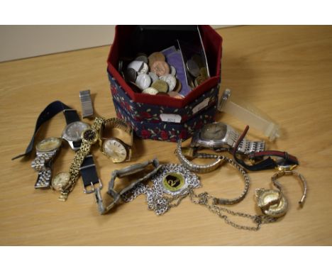An assorted collection of vintage wristwatches, by Fossil, Avia, Timex, and others, together with a box of mixed coinage