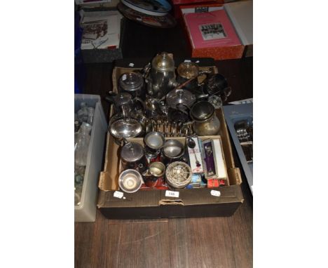 A collection of plated wear, comprising souvenir spoons in boxes, teapots, jug, sugar basin, bud vase, tankards and more.