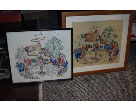 Two framed and glazed vintage embroideries, both depicting cottage and garden.