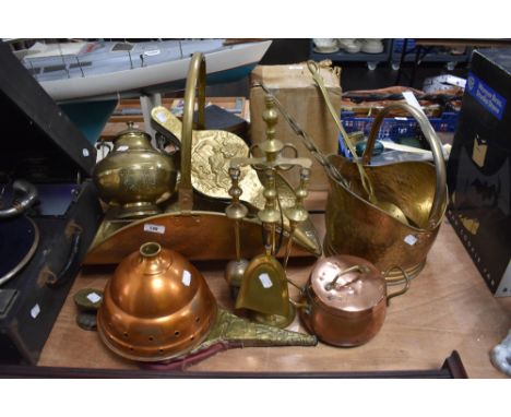 A variety of vintage brass and copper items, including;  log basket, companion set, bellows, coal helmet, pan etc.