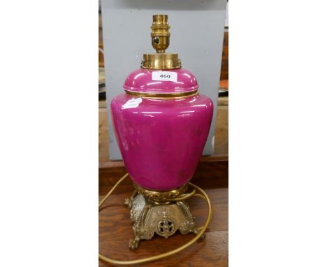 Pink ceramic and brass lamp converted from an oil lamp 