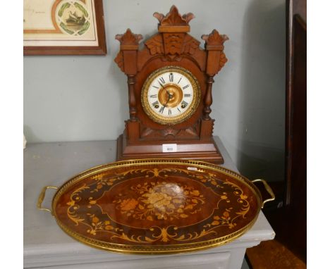 Wooden inlaid mantle clock together with inlaid tray 