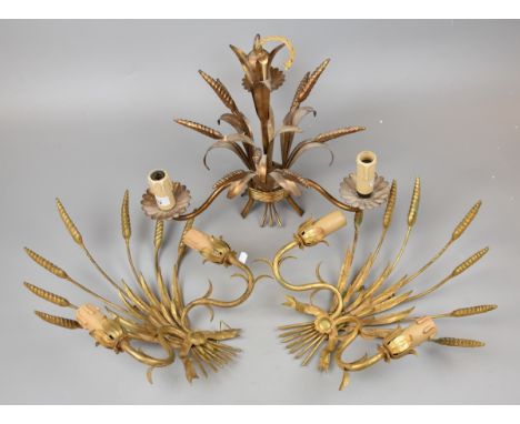 Vintage French gilt wheatsheaf pendant light with pair of matching sconces 