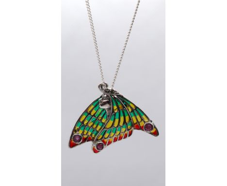 Silver enamel and ruby pendant on chain 
