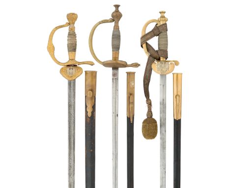 OFFICER’S DEGEN, LATE 19TH CENTURY
Of regulation type, the first with straight single-edged fullered blade, copper alloy hilt