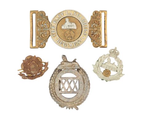 the first an officer's post-1881 gilt and silvered waistbelt-clasp of the East Lancashire Regiment, with matching numbers to 
