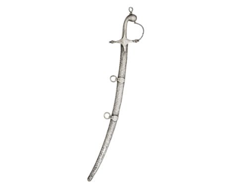 with curved single-edged blade, silver hilt including cross-piece with bud-shaped finials, integral grip rising to a bulbous 