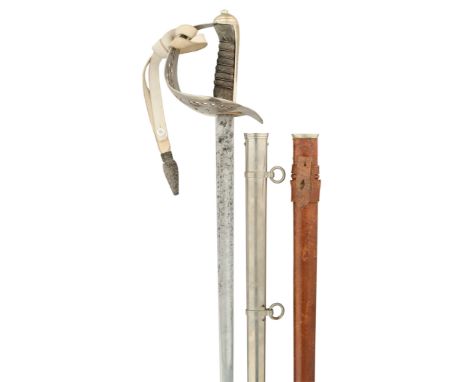 with etched blade, plated hilt, in its plated scabbard, complete with its buff leather and silver bullion sword knot and leat