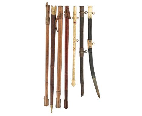 comprising four British field service scabbards; a gilt copper alloy scabbard for a society or masonic sword inscribed ‘EMT. 