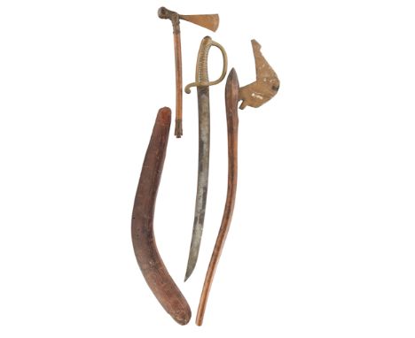 the first with iron axe head formed with a pronounced vertical spike, on its curved wooden haft; the second with small triang