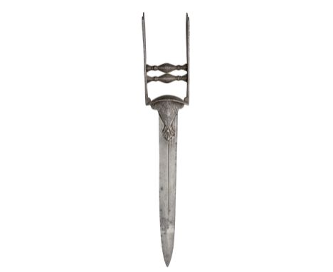 with double-edged blade cut-down from a European sword, iron hilt of characteristic form, comprising a pair of langets with l