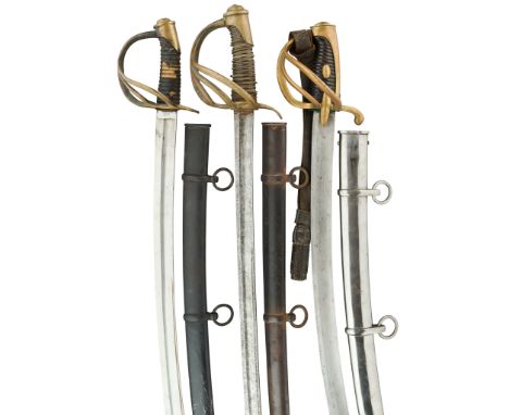&nbsp;20TH CENTURY
Of regulation type, the first with curved fullered blade, brass hilt stamped with inspectors marks (rubbed
