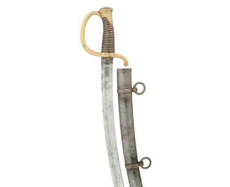 of regulation type, with curved blade, brass stirrup hilt, in its regulation steel scabbard, 82 cm blade