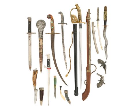 including a Central European officer's sword, with curved blade, gilt-brass cross-piece and carved bone grip set with turquoi