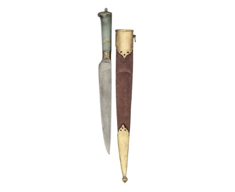 with tapering single-edged blade of finely watered crucible steel, waisted at the base and decorated with gold koftgari lotus