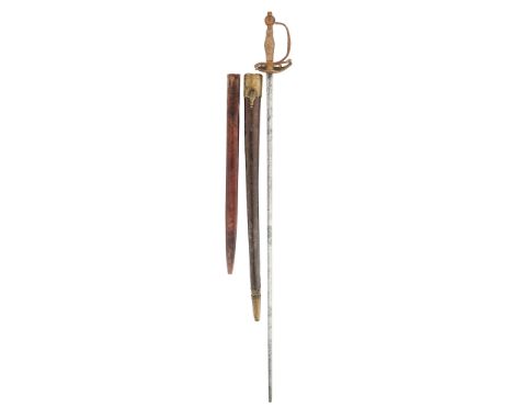 the first with associated straight slender blade, copper alloy hilt cast in low relief, including boatshell guard, a pair of 
