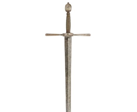 with broad straight tapering double-edged blade of flattened-diamond section rectangular ricasso struck with a fleur-de-lys m