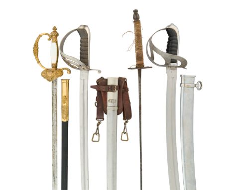 the first of regulation type, with openwork steel hilt, leather-covered grip, in its scabbard; the second of regulation type,