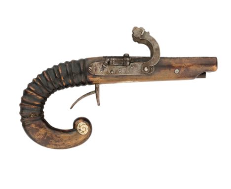 with tapering barrels of square section engraved with scrollwork on the top-flats and divided by a wood fillet, shaped integr