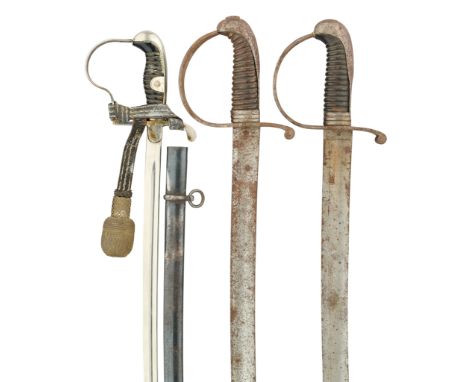 of regulation type, the first with curved fullered blade signed ‘E.Pack &amp; Sohns’ at the forte, stirrup hilt, wire-bound g