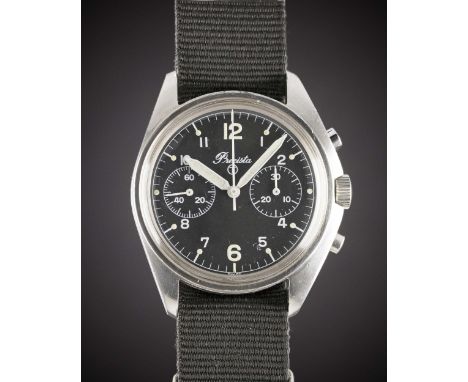 A RARE GENTLEMAN'S STAINLESS STEEL BRITISH MILITARY PRECISTA RAF PILOTS CHRONOGRAPH WRIST WATCHDATED 1981, PART OF THE "FAB F