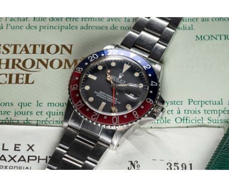 A RARE GENTLEMAN'S STAINLESS STEEL ROLEX OYSTER PERPETUAL GMT MASTER "PEPSI" BRACELET WATCHDATED 1984, REF. 16750 "TRANSITION