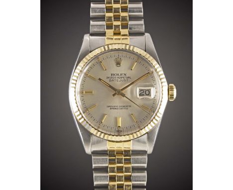 A GENTLEMAN'S STEEL & GOLD ROLEX OYSTER PERPETUAL DATEJUST BRACELET WATCHCIRCA 1981, REF. 16013 WITH SILVER DIALMovement: 27J