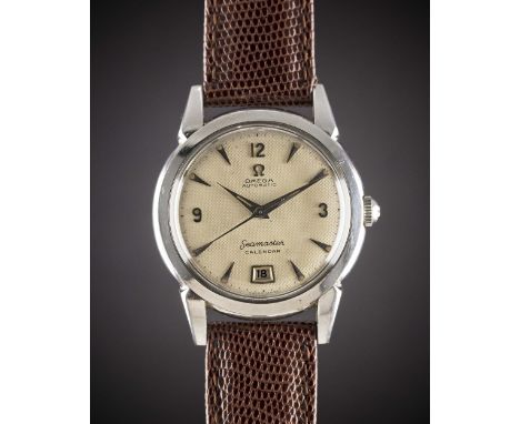 A GENTLEMAN'S STAINLESS STEEL OMEGA SEAMASTER CALENDAR WRIST WATCHCIRCA 1952, REF. 2627-15 SC WITH SILVER HONEYCOMB DIAL Move