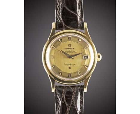 A FINE GENTLEMAN'S 18K SOLID GOLD OMEGA CONSTELLATION CALENDAR "DE LUXE" CHRONOMETER WRIST WATCHCIRCA 1958, REF. 2943 / 2954 