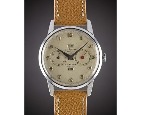 A RARE GENTLEMAN'S LARGE SIZE NICKEL CHROME UNIVERSAL GENEVE TRIPLE CALENDAR WRIST WATCHCIRCA 1950s, WITH J. W. BENSON LONDON