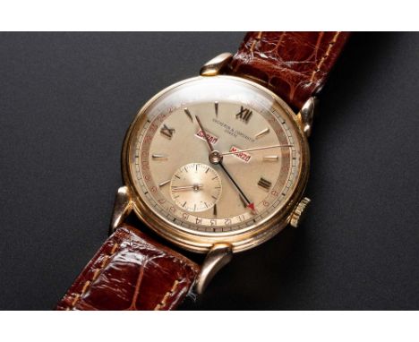 A FINE & RARE GENTLEMAN'S 18K SOLID ROSE GOLD VACHERON & CONSTANTIN TRIPLE CALENDAR WRIST WATCHCIRCA 1940s, WITH TWO TONE ROM