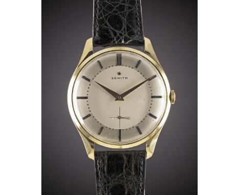 A GENTLEMAN'S LARGE SIZE 18K SOLID GOLD ZENITH WRIST WATCHCIRCA 1960s, WITH TWO TONE SILVER DIAL & BEVELLED LUGSMovement: Man