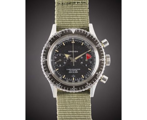 A GENTLEMAN'S STAINLESS STEEL CROTON CHRONOMASTER AVIATOR SEA DIVER CHRONOGRAPH WRIST WATCHCIRCA 1960s, WITH "BROAD ARROW" HA