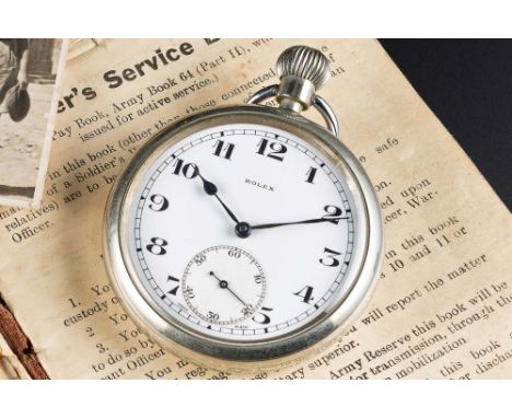 A GENTLEMAN'S NICKEL CASED BRITISH MILITARY ROLEX POCKET WATCHCIRCA 1930s, CONSIGNED BY THE NEPHEW OF THE ORIGINAL OWNER, ACC