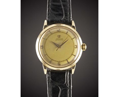 A GENTLEMAN'S 14K SOLID GOLD OMEGA AUTOMATIC WRIST WATCHCIRCA 1952, REF. G6525 Movement: 17J, "bumper" automatic, cal. 351, s