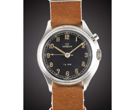 A GENTLEMAN'S STAINLESS STEEL SWEDISH MILITARY LEMANIA TG 195 SINGLE BUTTON "SYNCHRONISATION" WRIST WATCHDATED 1954, WITH GLO