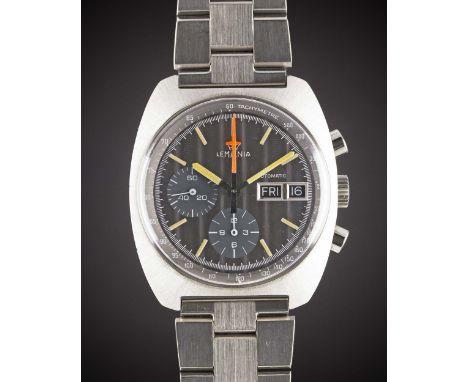 A GENTLEMAN'S STAINLESS STEEL LEMANIA AUTOMATIC CHRONOGRAPH BRACELET WATCHCIRCA 1970s, WITH ENGINE-TURNED GREY DIAL, ACCOMPAN