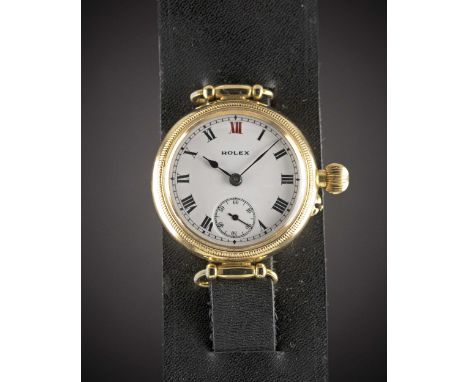 A RARE GENTLEMAN'S 18K SOLID GOLD ROLEX "BORGEL" OFFICERS WRIST WATCHCIRCA 1916, WITH ENAMEL DIALMovement: 15J, manual wind, 