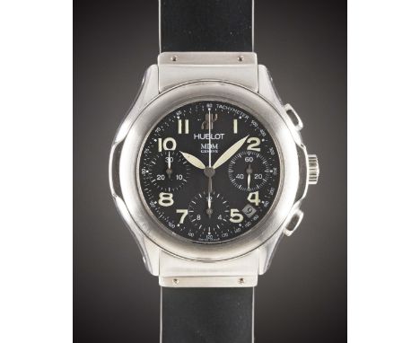 A GENTLEMAN'S STAINLESS STEEL HUBLOT MDM GENEVE AUTOMATIC CHRONOGRAPH WRIST WATCHCIRCA 2000, REF. 1810.1 BLACK DIAL WITH LUMI