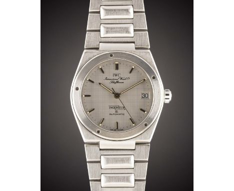 A GENTLEMAN'S STAINLESS STEEL IWC INGENIEUR SL AUTOMATIC BRACELET WATCHCIRCA 1990, REF. 3506 GREY DIAL WITH BLUE "GRIDLINES",