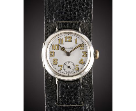 A GENTLEMAN'S SOLID SILVER ROLEX OFFICERS WRIST WATCHCIRCA 1916, WITH ENAMEL DIAL & CATHEDRAL HANDSMovement: Manual wind, sig