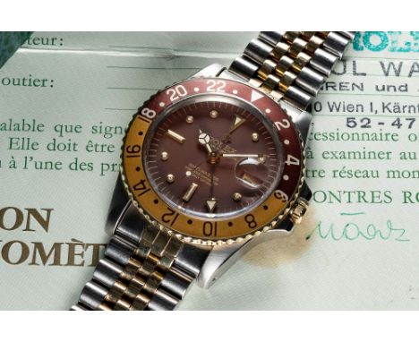 A RARE GENTLEMAN'S STEEL & GOLD ROLEX OYSTER PERPETUAL GMT MASTER "ROOT BEER" BRACELET WATCHDATED 1978, REF. 1675 WITH MATT B