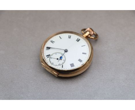 Early George V 9ct yellow gold open face top wind pocket watch, white enamel dial and subsidiary seconds dial (hairline crack