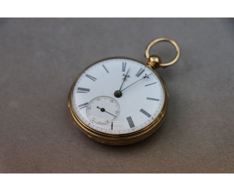 Victorian 18ct yellow gold open face key wind small pocket watch, white enamel dial and subsidiary seconds dial, black Roman 